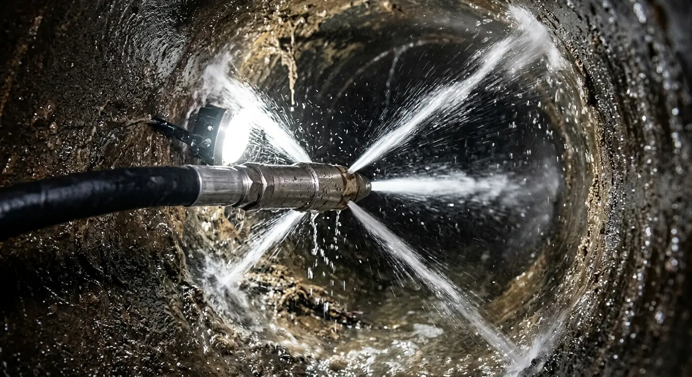 High-pressure hydro jetting nozzle cleaning sewer pipe for Emergency Drain Service in Plumsted