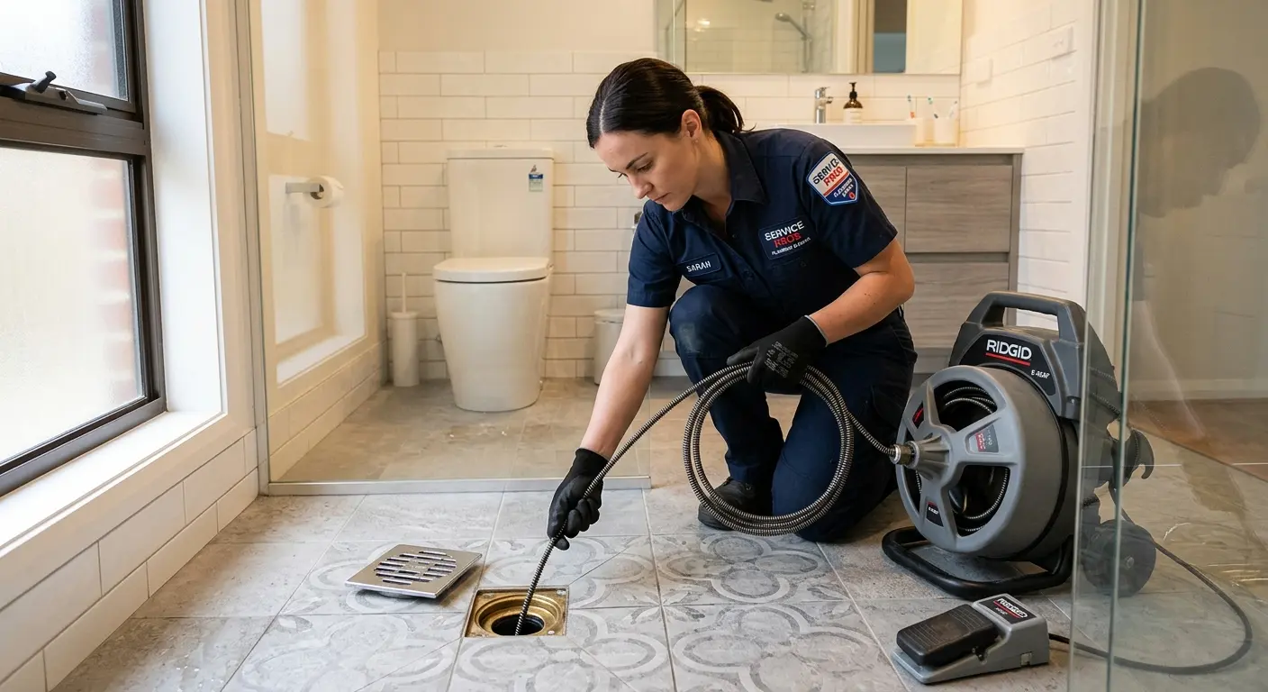 Technician clearing a bathroom floor drain for Hydro Jetting in Plumsted
